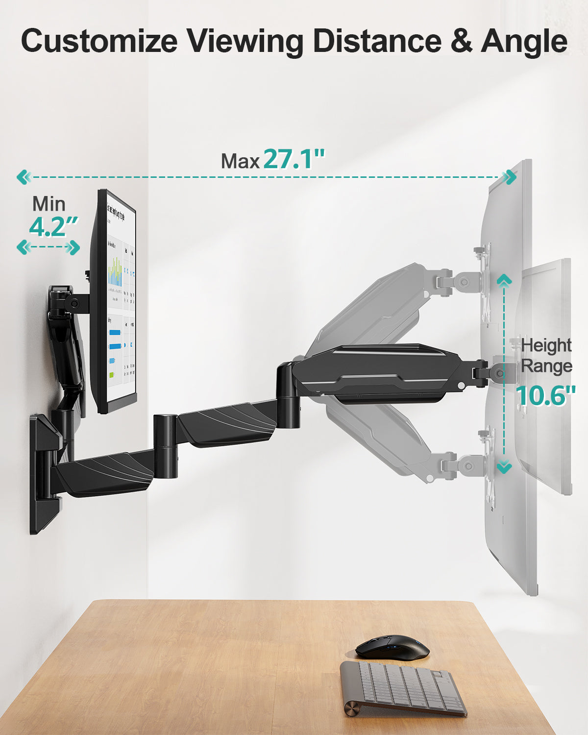 MOUNT PRO Long Arm Dual Monitor Wall Mount for Max 32" Screens, Max 17.6lbs, Extra Long Height Adjustable Wall Monitor Arm for 2 Monitors, Full Motion Wall Monitor Mount with VESA 75x75/100x100