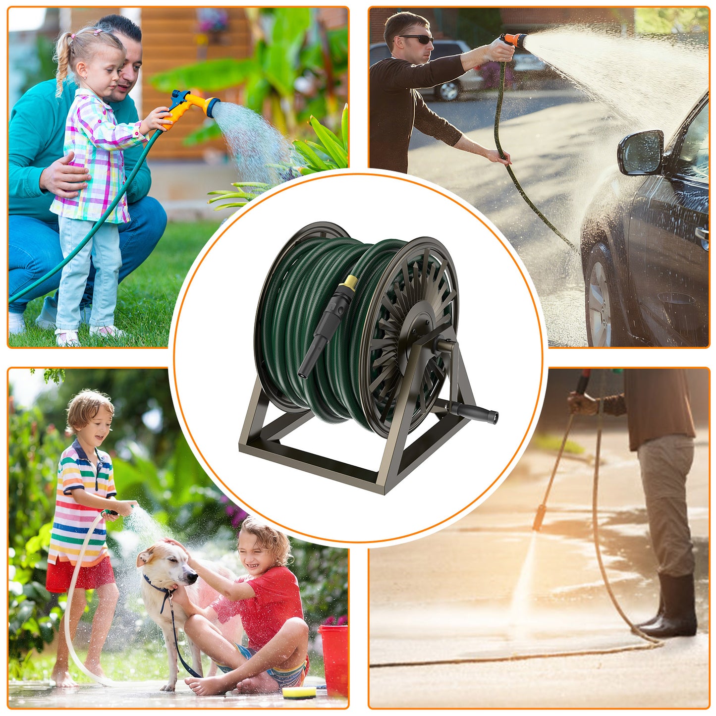 GOFORWILD Heavy-Duty Decorative Garden Hose Reel - Wall/Floor Mount with 200-Ft Capacity for 5/8 Hose Outdoor Hose Holder Winder for Lawn, Yard & Garden Storage