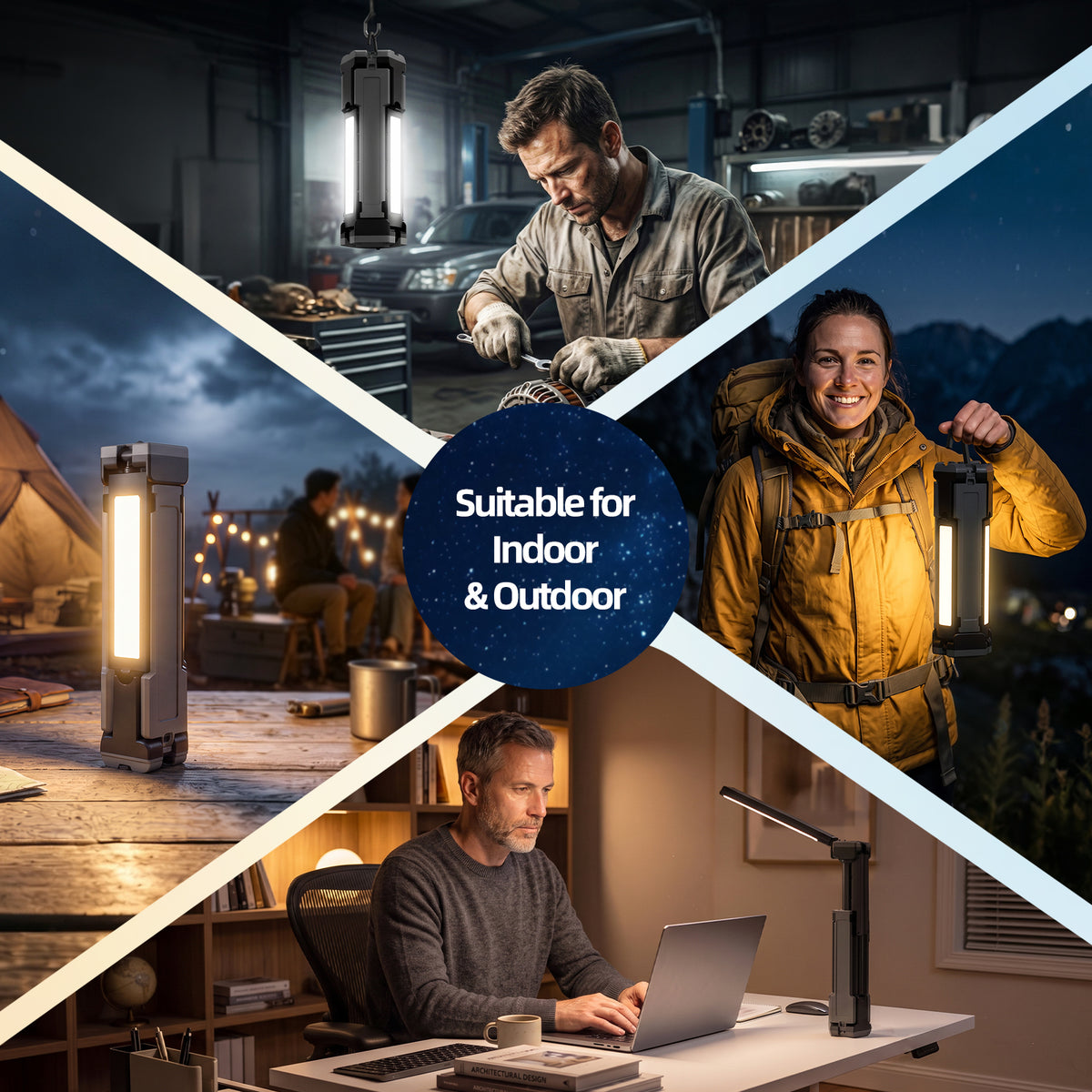 Rechargeable LED Work Light with Stand, 2400mAh Battery, Cool & Warm White 2 Pack 4000/6500K Dimmable Camping Light, Top Hanging Hook, Portable Outdoor Lamp for Camping Fishing Emergency