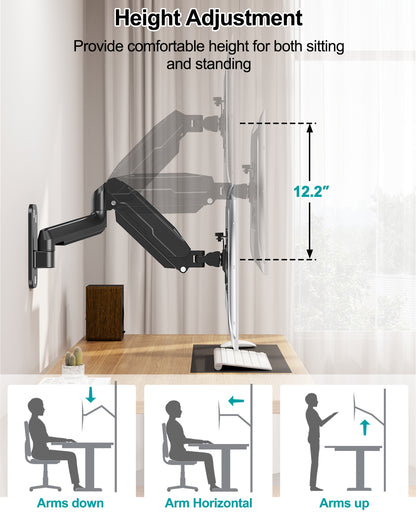 LIFTGO Wall Mount Monitor Arm for Max 32 Inch Computer Screens, Height Adjustable Single Monitor Wall Mount Holds Up to 19.8lbs, Full Motion Wall Bracket, VESA Mount 75x75, 100x100, Black