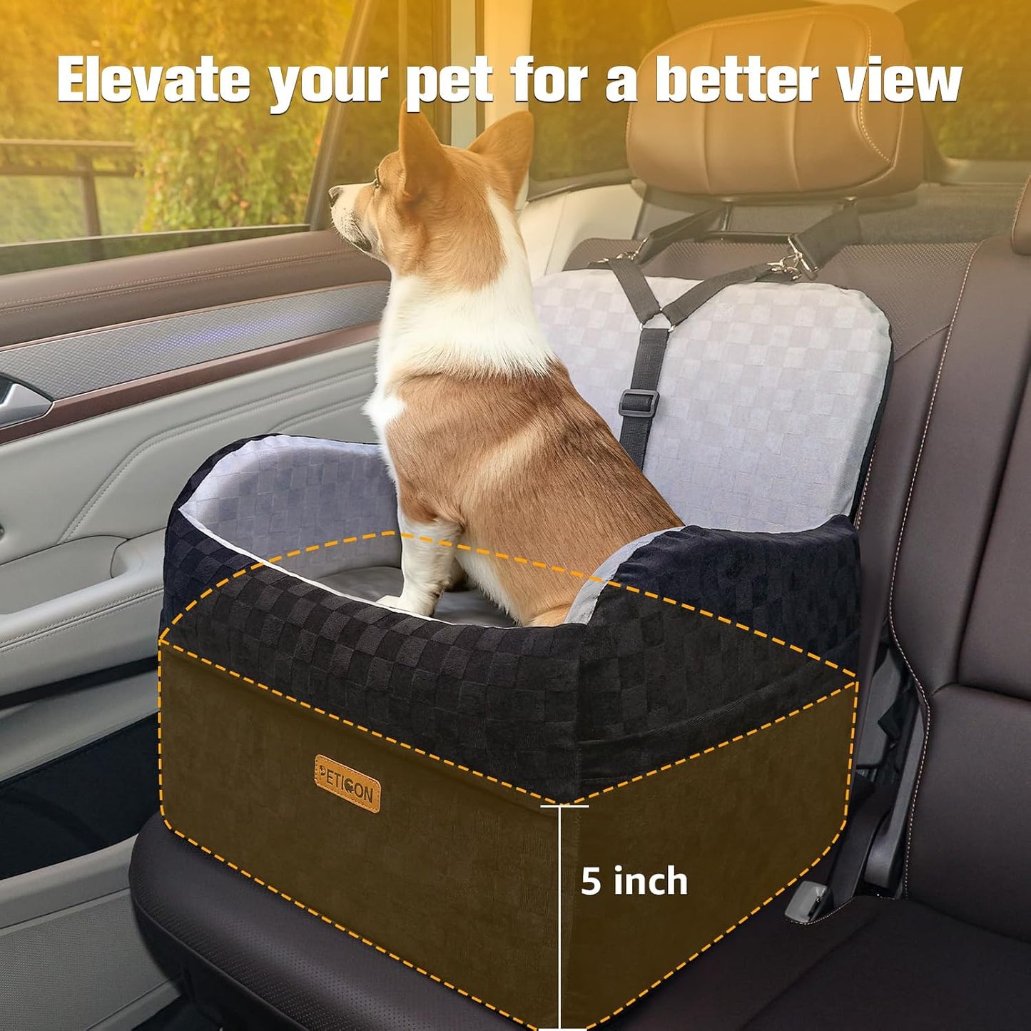 PETICON Waterproof Dog Car Seat for Small Medium Dogs, 5in Memory Foam Pet Booster Seat for Dogs up to 35 lbs with Pockets, Detachable Washable Pet Carseat with Y-Shape Safety Belt (Gray, Medium)