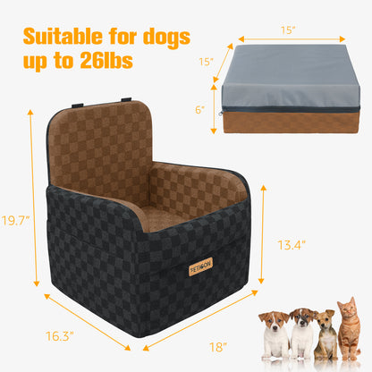 PETICON Waterproof Dog Car Seat for Small Medium Dogs, 6in Memory Foam Pet Booster Seat for Dogs up to 26 lbs with Pockets, Detachable Washable Pet Carseat with Y-Shape Safety Belt