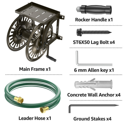 GOFORWILD Metal Decorative Wall Mount Hose Reel - Heavy Duty, Leak-Proof Connection, Holds 200ft x 5/8 Hose, Bronze Finish, Easy Assembly