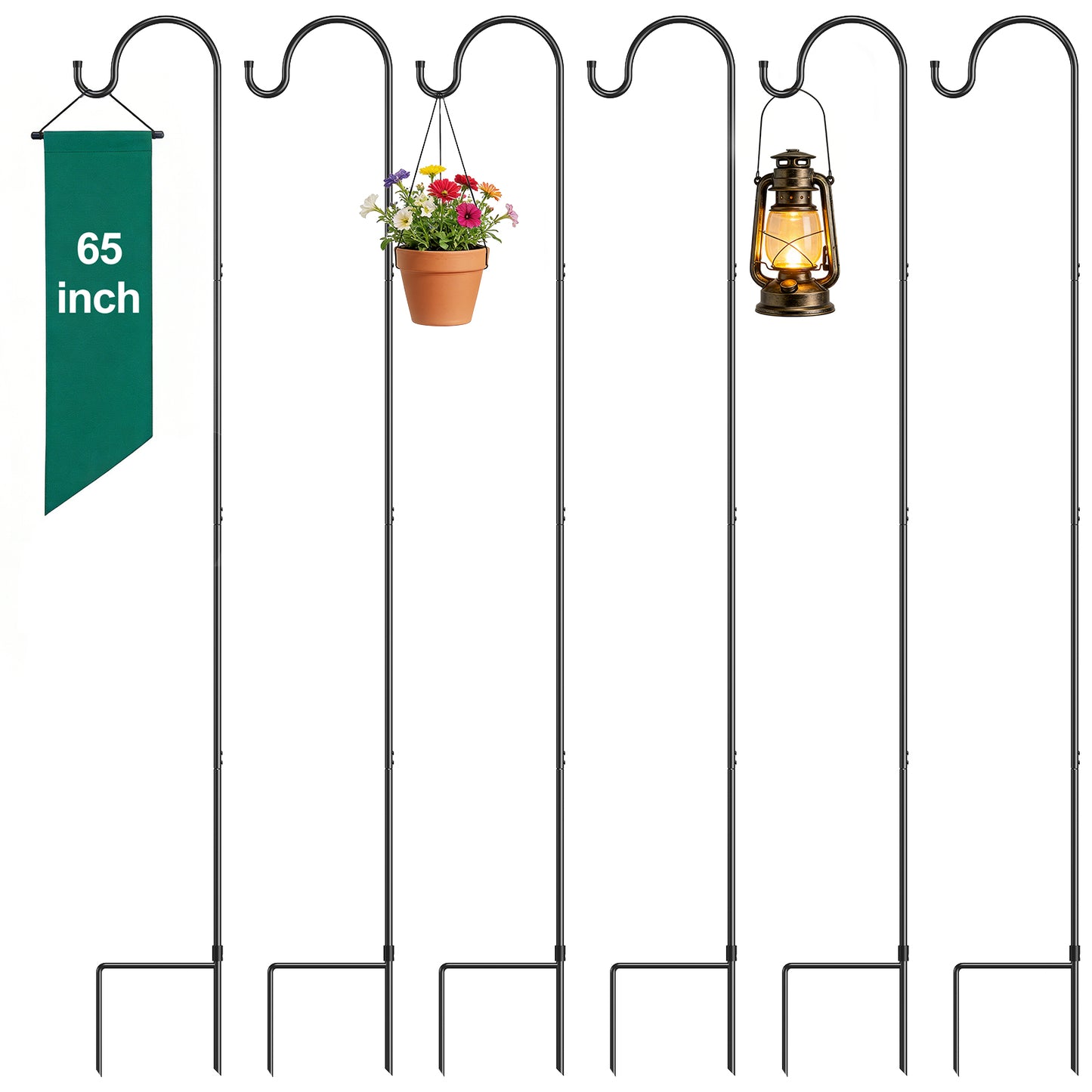 GOFORWILD Shepherd’s Hooks 6 Pack Black, 65 inches Tall, Adjustable Garden Hook for Outdoor, Hanging Plant, Solar Lights, Lanterns, Bird Feeders, Garden Stake and Wedding Decor, 7015-3