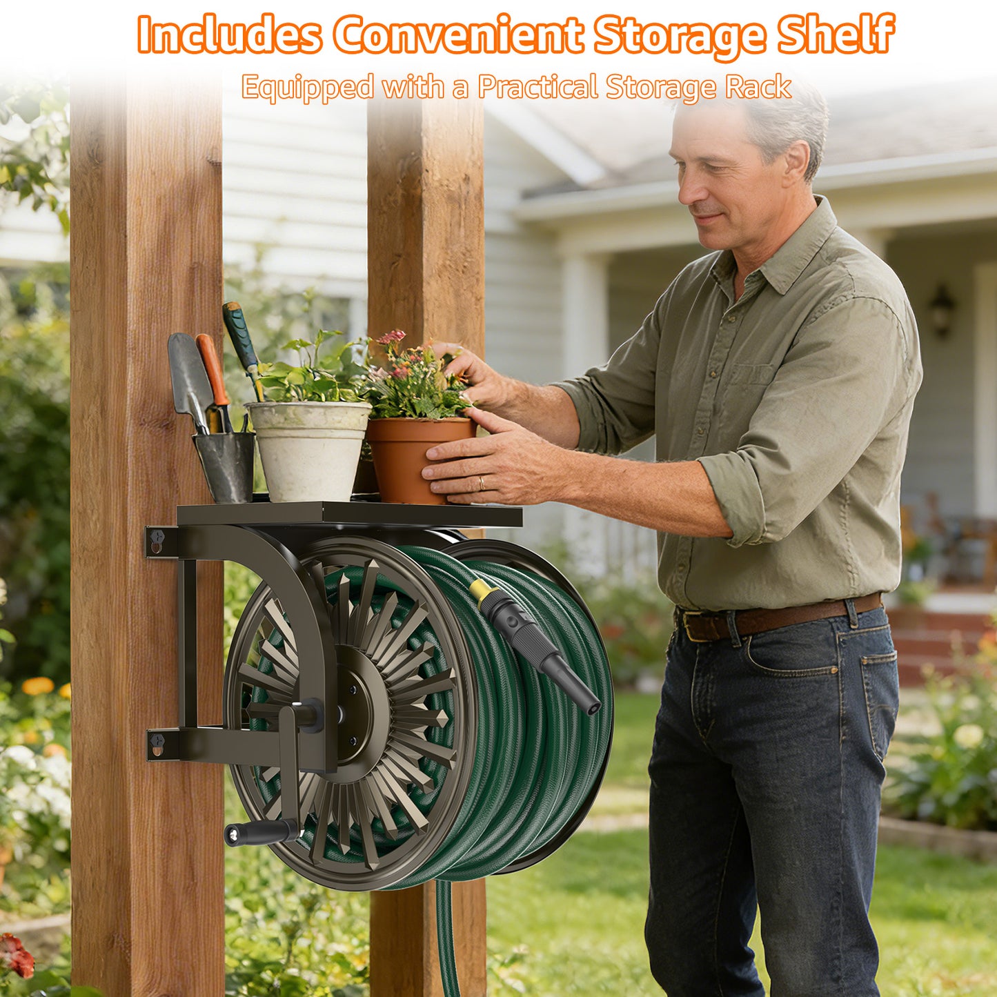 GOFORWILD Metal Decorative Wall Mount Hose Reel - Heavy Duty, Leak-Proof Connection, Holds 200ft x 5/8 Hose, Bronze Finish, Easy Assembly