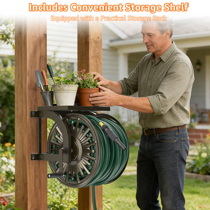GOFORWILD Metal Decorative Wall Mount Hose Reel - Heavy Duty, Leak-Proof Connection, Holds 200ft x 5/8 Hose, Bronze Finish, Easy Assembly