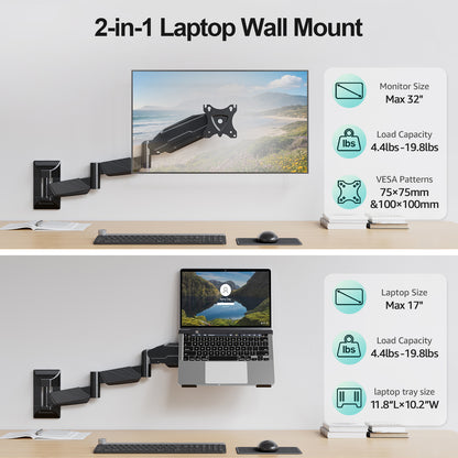 MOUNT PRO Long Laptop Wall Mount, 28" Extended Wall Mount Laptop Holder, 2-in-1 Monitor Wall Mount with Vented Tray for 11-17" Notebook/21-32" Screen, Full Motion Laptop Arm Holds 4.4-19.8 lbs