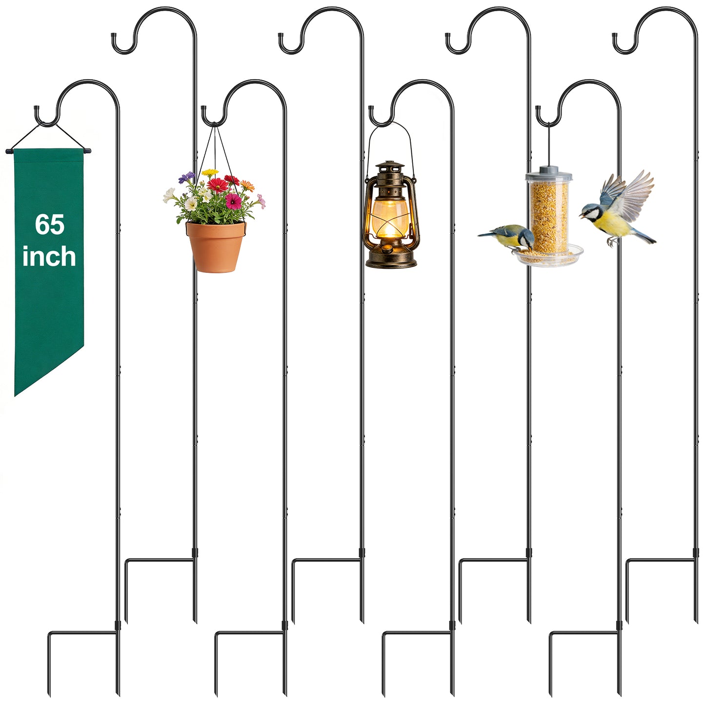 GOFORWILD Shepherd’s Hooks 8 Pack Black, 65 inches Tall, Made of Premium Metal for Garden Decor, Plant Hanger, Lantern Hook, Garden Stake and Wedding Decor, 7015-4