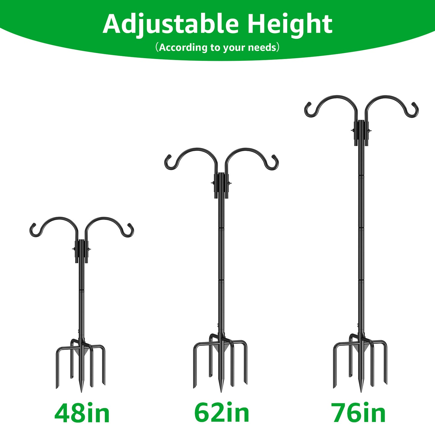 GOFORWILD Double Shepherds Hook for Outdoor, with 5-Prong Base, 76inch Adjustable Metal Bird Feeder Pole for Hanging Bird Nest, Plant Basket,Lantern,Solar Light 1 Pack