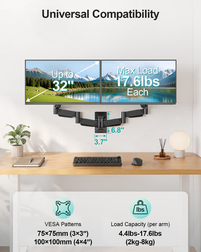 MOUNT PRO Long Arm Dual Monitor Wall Mount for Max 32" Screens, Max 17.6lbs, Extra Long Height Adjustable Wall Monitor Arm for 2 Monitors, Full Motion Wall Monitor Mount with VESA 75x75/100x100