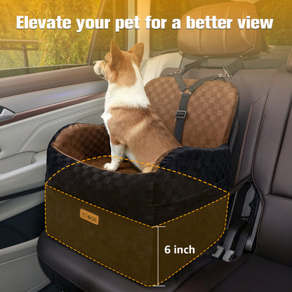 PETICON Waterproof Dog Car Seat for Small Medium Dogs, 5in Memory Foam Pet Booster Seat for Dogs up to 35 lbs with Pockets, Detachable Washable Pet Carseat with Y-Shape Safety Belt