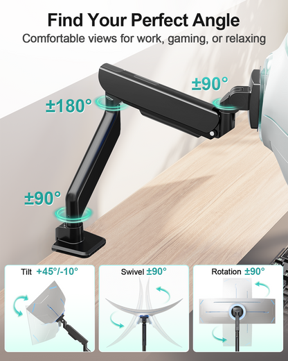 MOUNT PRO Heavy Duty Monitor Arm for Screens up to 57", Holds up to 66 lbs, Aluminum Ultrawide Monitor Mount, Fully Adjustable Single Gaming Desk Mount with C-Clamp & Grommet Base, Max VESA 100x100mm