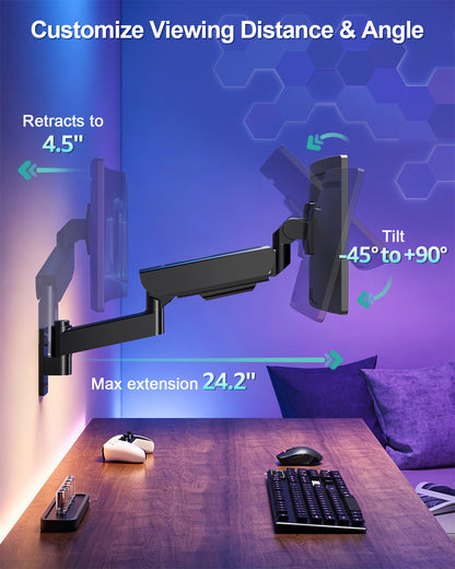 MOUNT PRO Wall Mount Monitor Arm for 22-57 Inch Ultrawide Screen, Black, Premium Heavy Duty Gaming Monitor Arm for Max 66 lbs, Easy Adjustment Fully Adjustable Wall Bracket 75x75/100x100 VESA Mount
