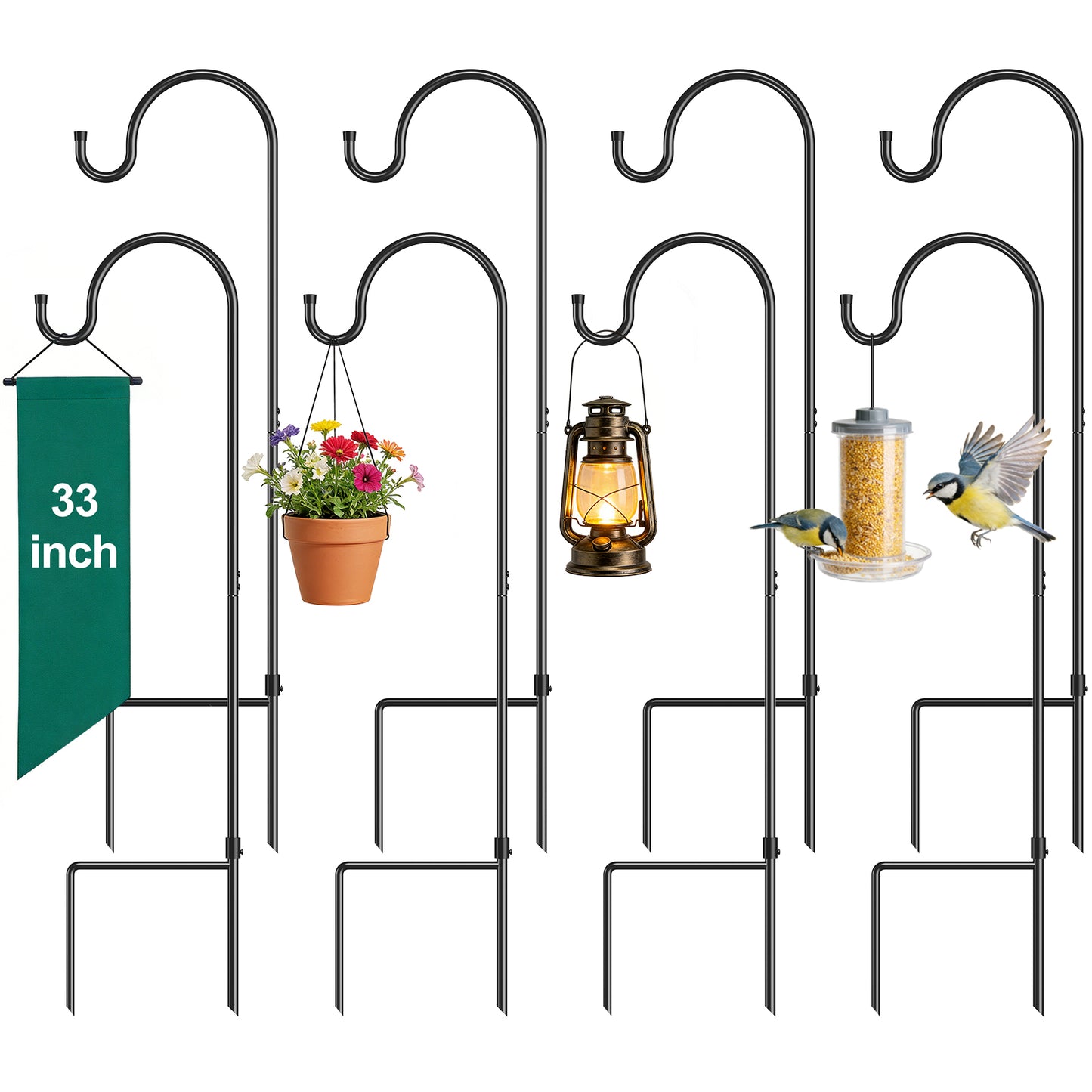 GOFORWILD Shepherd Hook 8 Pack Black, 33 inches Tall, Made of Premium Metal for Garden Decor, Plant Hanger, Lantern Hook, Solar Light Hanging, 7011-4