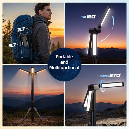 Rechargeable LED Work Light with Stand, 2400mAh Battery, Cool & Warm White 2 Pack 4000/6500K Dimmable Camping Light, Top Hanging Hook, Portable Outdoor Lamp for Camping Fishing Emergency