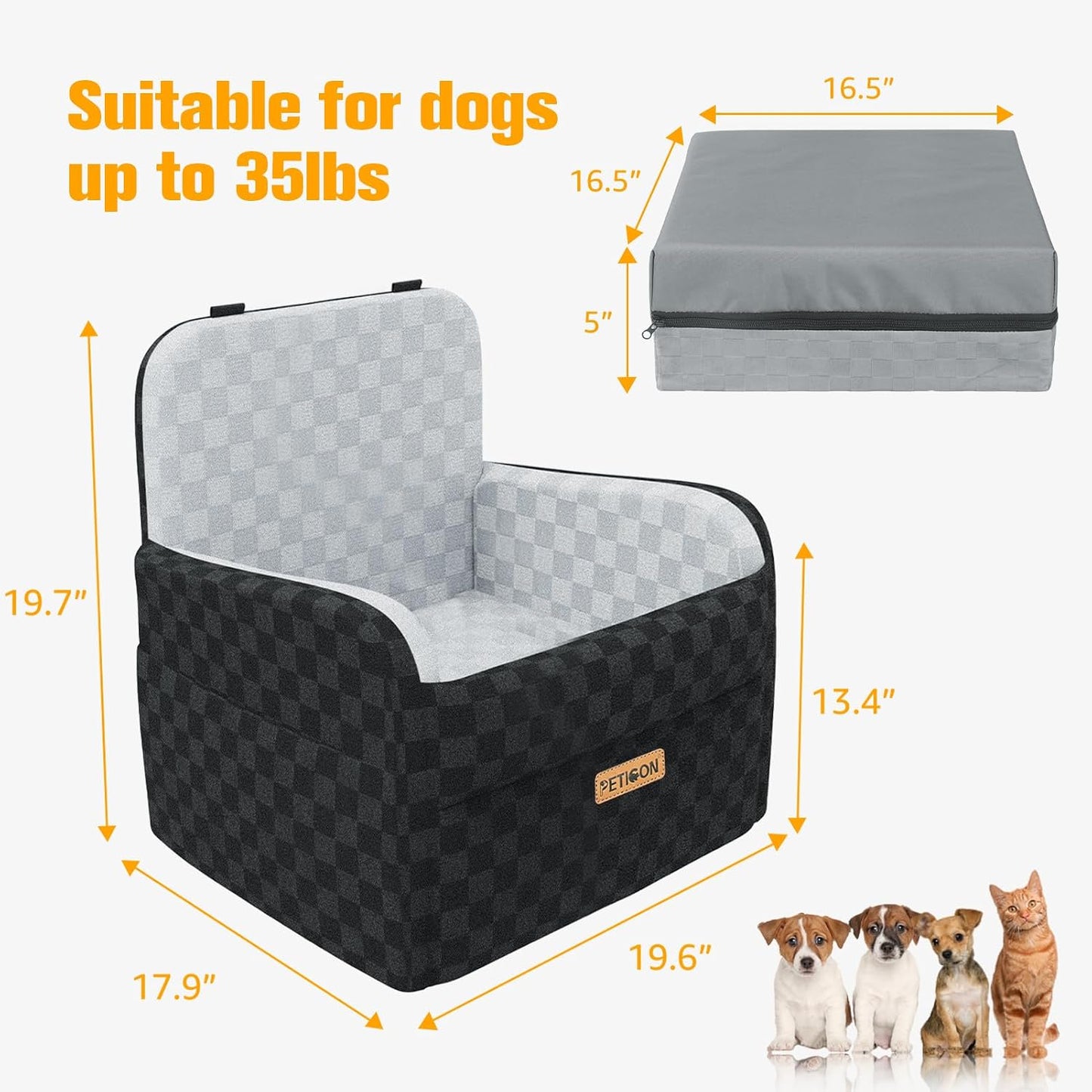 PETICON Waterproof Dog Car Seat for Small Medium Dogs, 5in Memory Foam Pet Booster Seat for Dogs up to 35 lbs with Pockets, Detachable Washable Pet Carseat with Y-Shape Safety Belt (Gray, Medium)