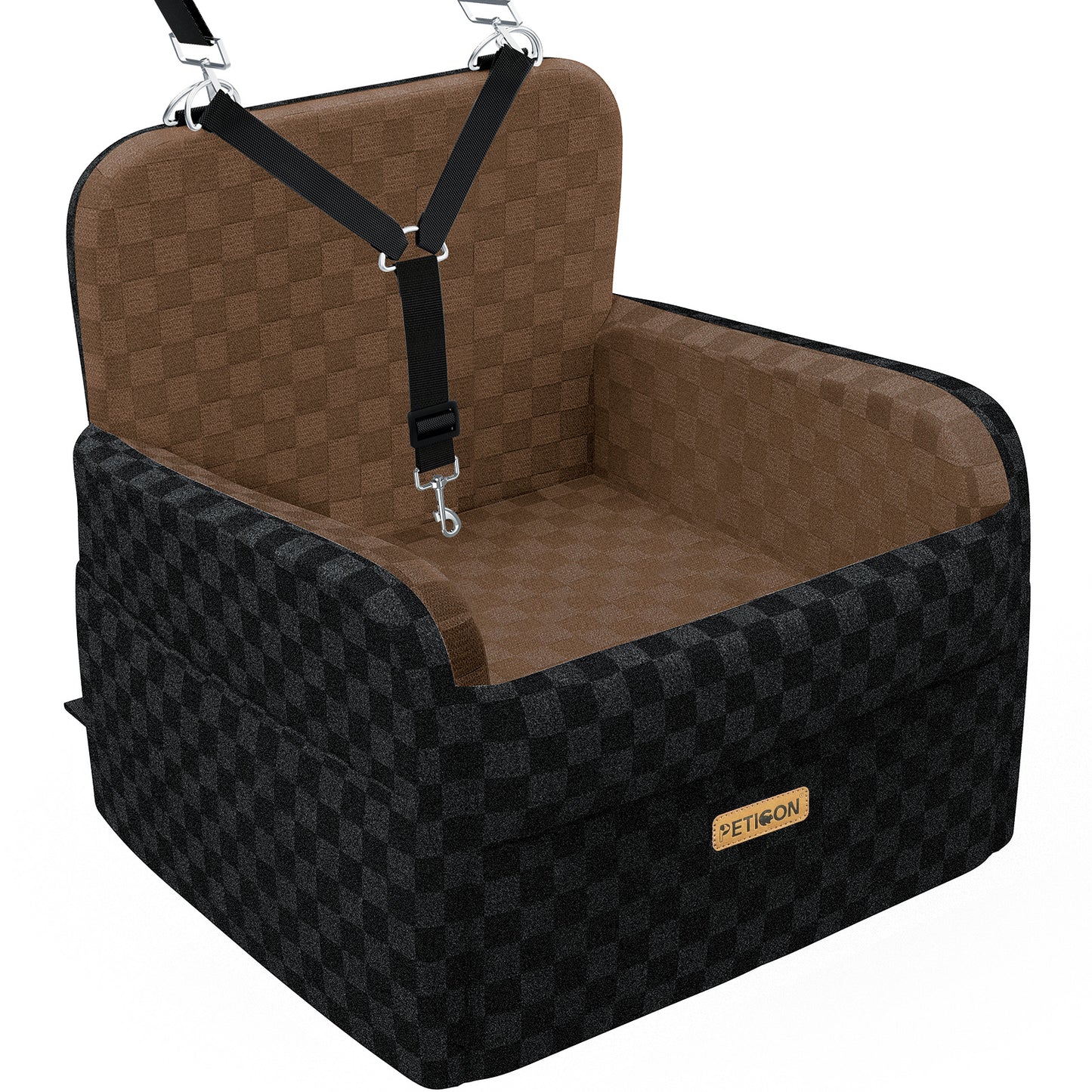 PETICON Waterproof Dog Car Seat for Small Medium Dogs, 5in Memory Foam Pet Booster Seat for Dogs up to 35 lbs with Pockets, Detachable Washable Pet Carseat with Y-Shape Safety Belt (Brown, Medium)