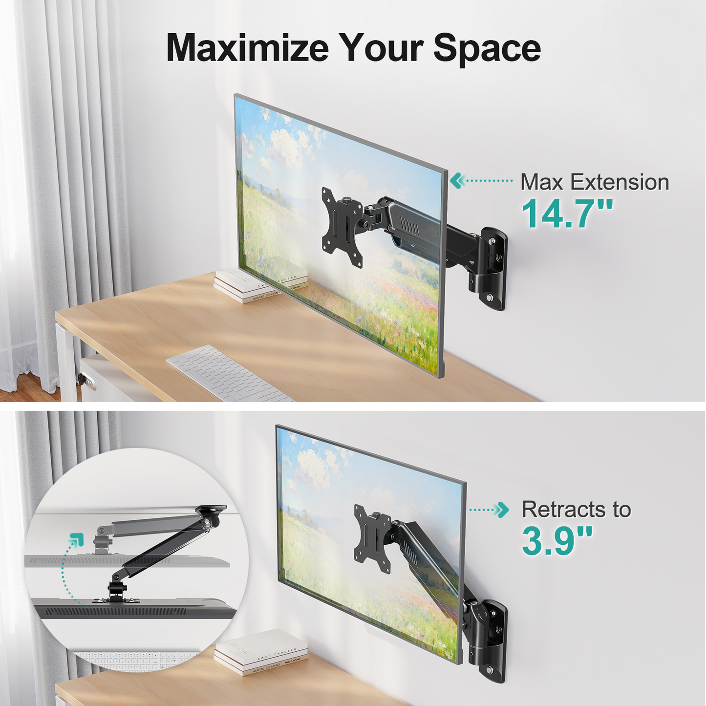 MOUNT PRO Monitor Wall Mount, 14.7" Short Monitor Arm for Max 32" Screen, Full Motion Height Adjustable Single Computer Wall Mount Holds Up to 19.8lbs, VESA 75x75/100x100, Black.