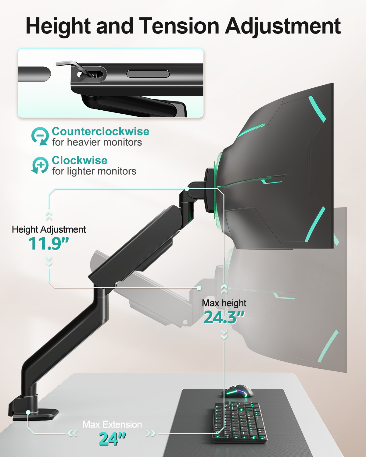 MOUNT PRO Heavy Duty Monitor Arm for Screens up to 57", Holds up to 66 lbs, Aluminum Ultrawide Monitor Mount, Fully Adjustable Single Gaming Desk Mount with C-Clamp & Grommet Base, Max VESA 100x100mm