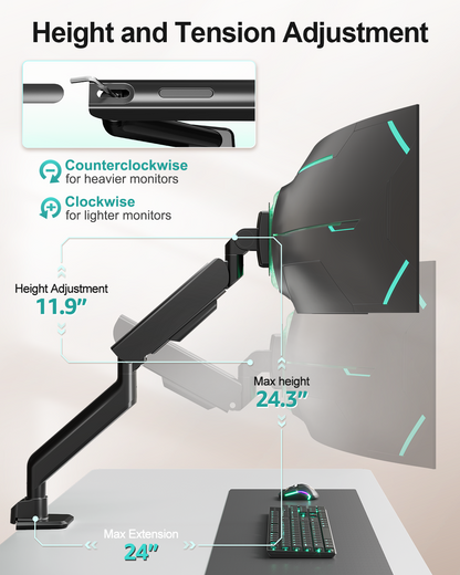 MOUNT PRO Heavy Duty Monitor Arm for Screens up to 57", Holds up to 66 lbs, Aluminum Ultrawide Monitor Mount, Fully Adjustable Single Gaming Desk Mount with C-Clamp & Grommet Base, Max VESA 100x100mm