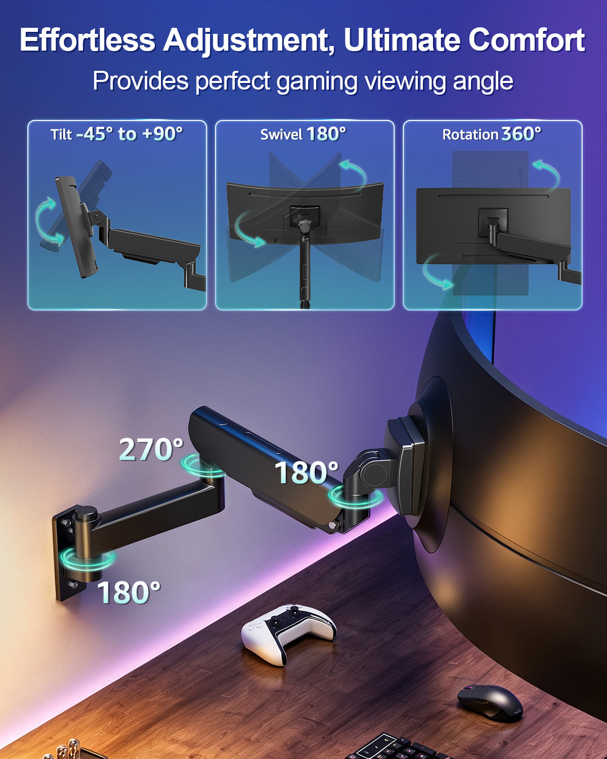 MOUNT PRO Wall Mount Monitor Arm for 22-57 Inch Ultrawide Screen, Black, Premium Heavy Duty Gaming Monitor Arm for Max 66 lbs, Easy Adjustment Fully Adjustable Wall Bracket 75x75/100x100 VESA Mount