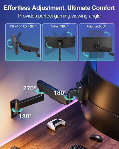 MOUNT PRO Wall Mount Monitor Arm for 22-57 Inch Ultrawide Screen, Black, Premium Heavy Duty Gaming Monitor Arm for Max 66 lbs, Easy Adjustment Fully Adjustable Wall Bracket 75x75/100x100 VESA Mount
