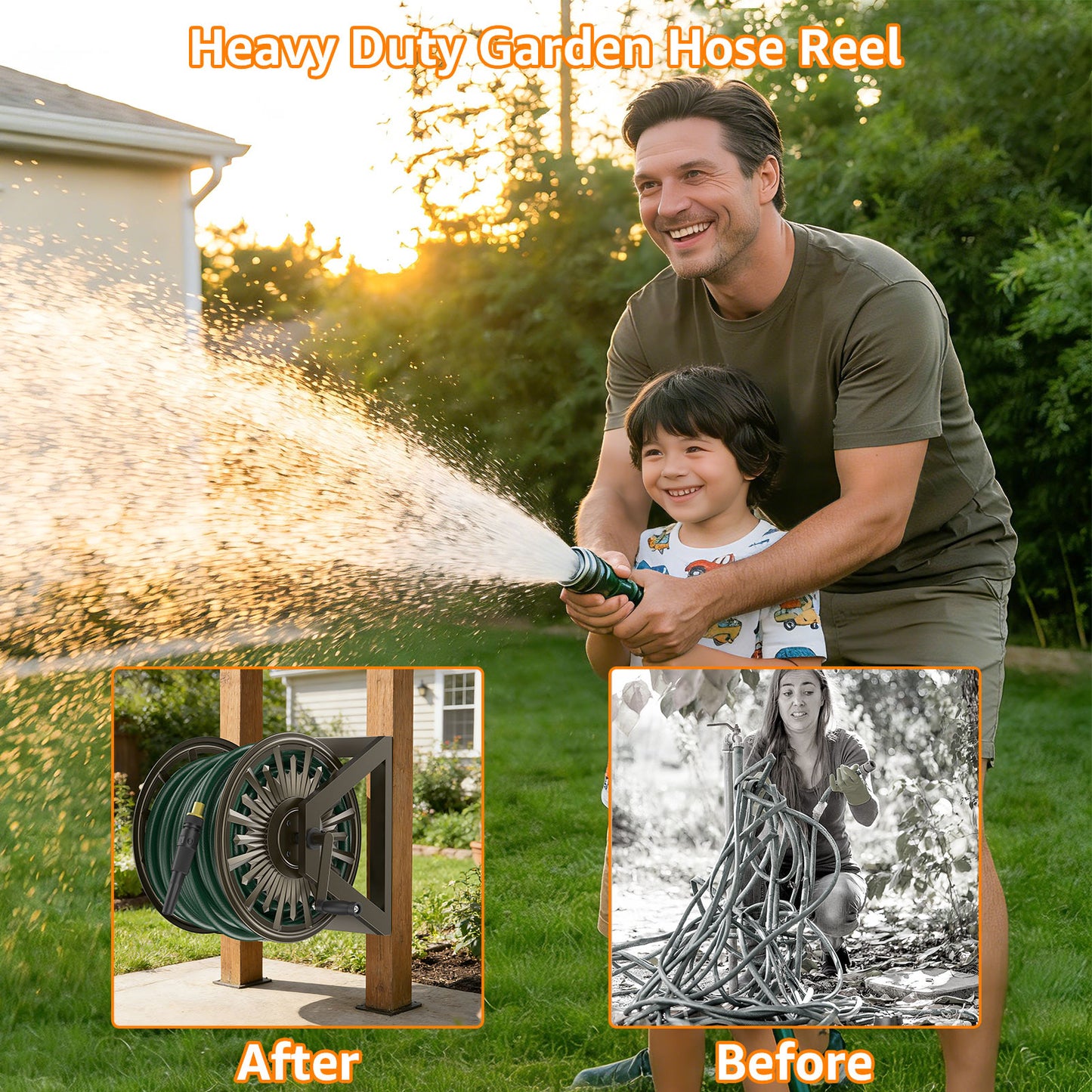 GOFORWILD Heavy-Duty Decorative Garden Hose Reel - Wall/Floor Mount with 200-Ft Capacity for 5/8 Hose Outdoor Hose Holder Winder for Lawn, Yard & Garden Storage