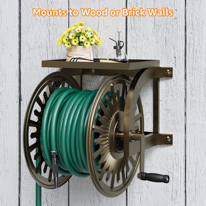 GOFORWILD Metal Decorative Wall Mount Hose Reel - Heavy Duty, Leak-Proof Connection, Holds 200ft x 5/8 Hose, Bronze Finish, Easy Assembly