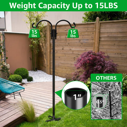 GOFORWILD Double Shepherds Hook for Outdoor, with 5-Prong Base, 76inch Adjustable Metal Bird Feeder Pole for Hanging Bird Nest, Plant Basket,Lantern,Solar Light 1 Pack