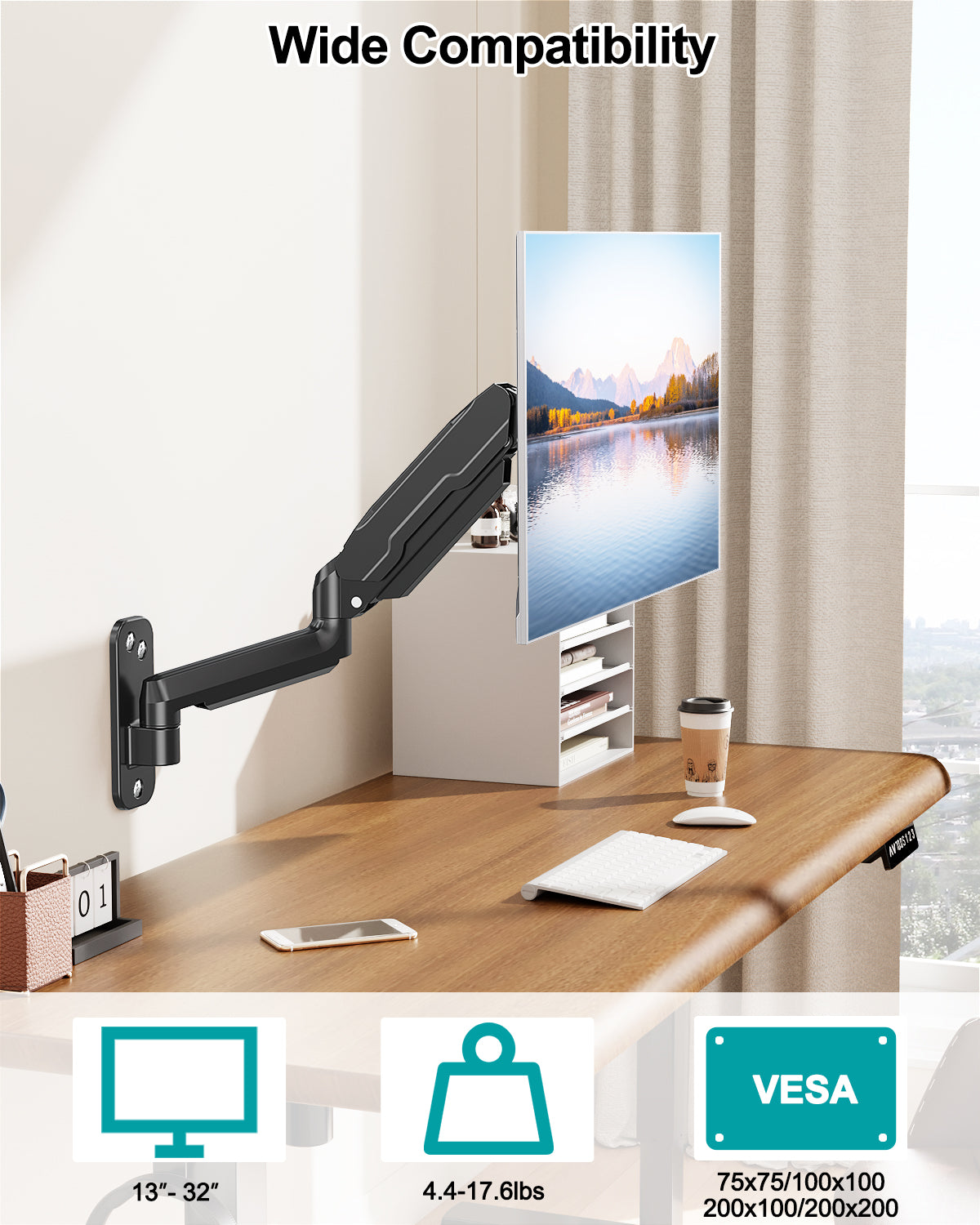 LIFTGO Wall Mount Monitor Arm for Max 32 Inch Computer Screens, Height Adjustable Single Monitor Wall Mount Holds Up to 19.8lbs, Full Motion Wall Bracket, VESA Mount 75x75, 100x100, Black