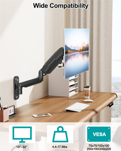 LIFTGO Wall Mount Monitor Arm for Max 32 Inch Computer Screens, Height Adjustable Single Monitor Wall Mount Holds Up to 19.8lbs, Full Motion Wall Bracket, VESA Mount 75x75, 100x100, Black