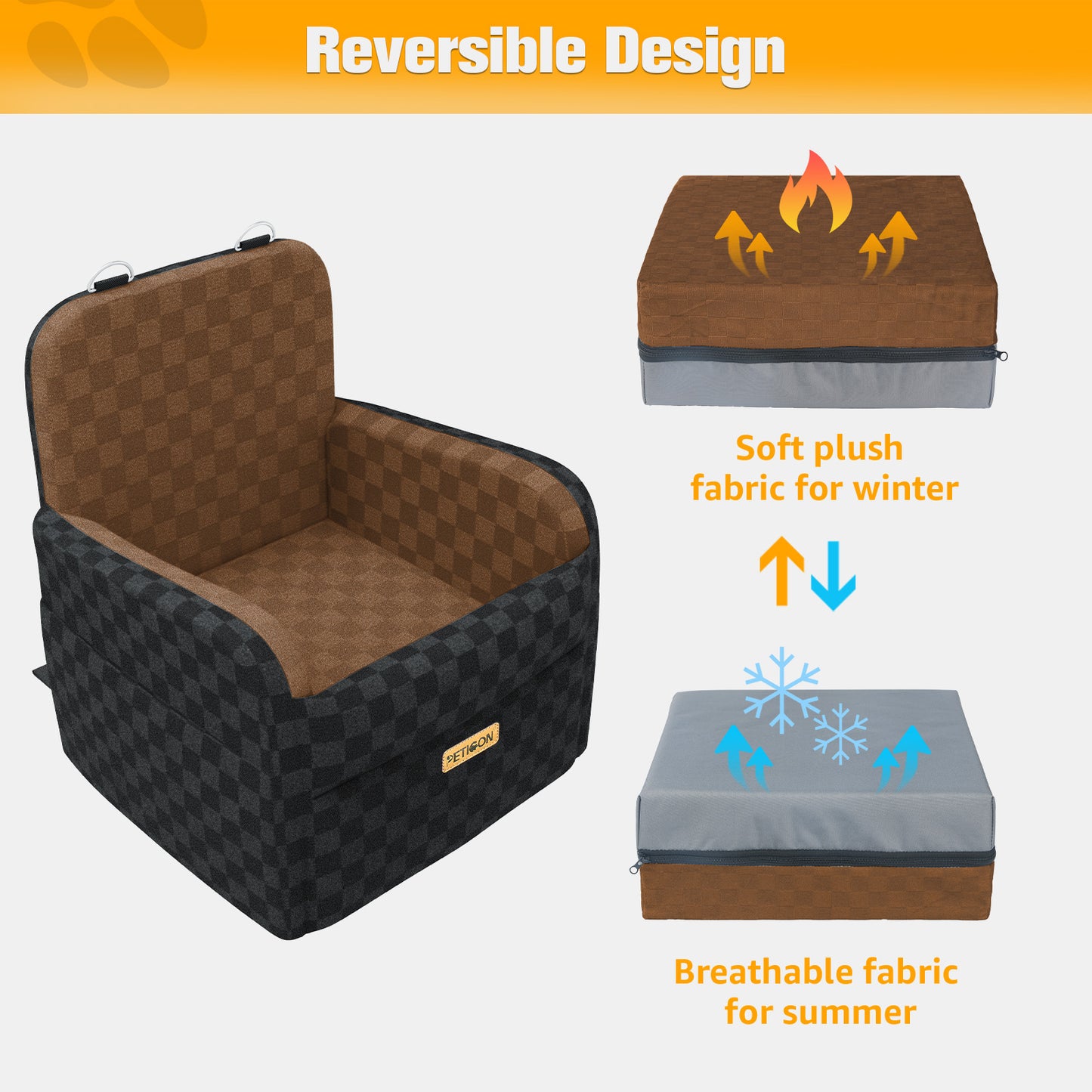 PETICON Waterproof Dog Car Seat for Small Medium Dogs, 5in Memory Foam Pet Booster Seat for Dogs up to 35 lbs with Pockets, Detachable Washable Pet Carseat with Y-Shape Safety Belt
