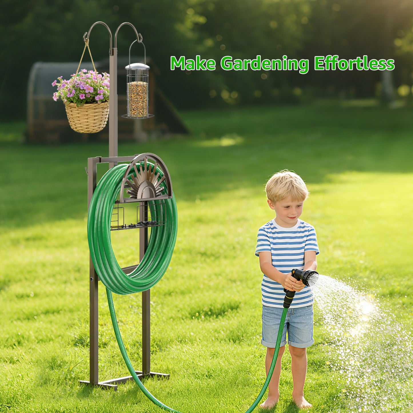 GOFORWILD Heavy Duty Garden Hose Reel with 2 Shepherds Hooks, Holds 150-Feet of 5/8 Inch Hose, 77Inch Freestanding Hose Hanger with Storage Basket