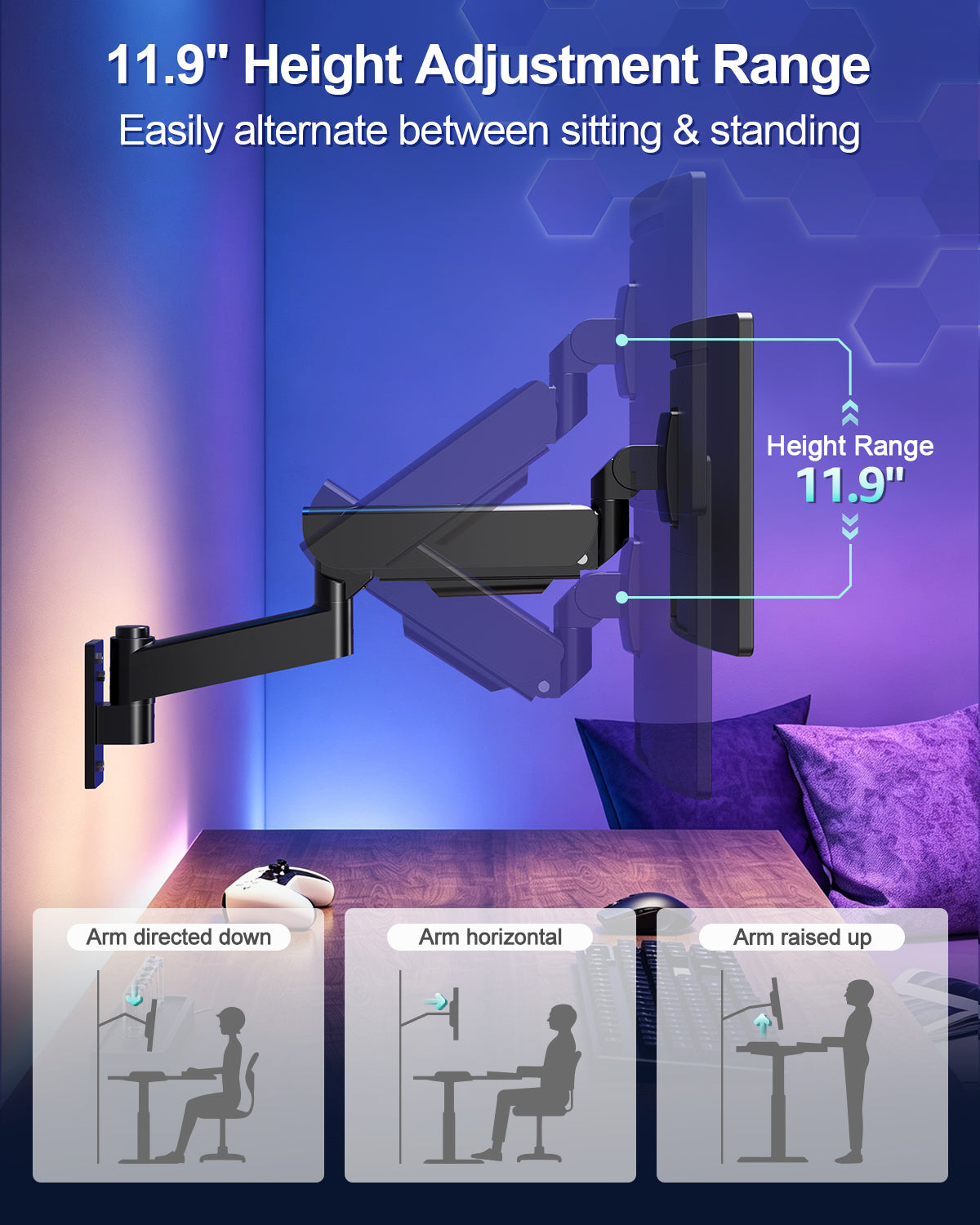 MOUNT PRO Wall Mount Monitor Arm for 22-57 Inch Ultrawide Screen, Black, Premium Heavy Duty Gaming Monitor Arm for Max 66 lbs, Easy Adjustment Fully Adjustable Wall Bracket 75x75/100x100 VESA Mount