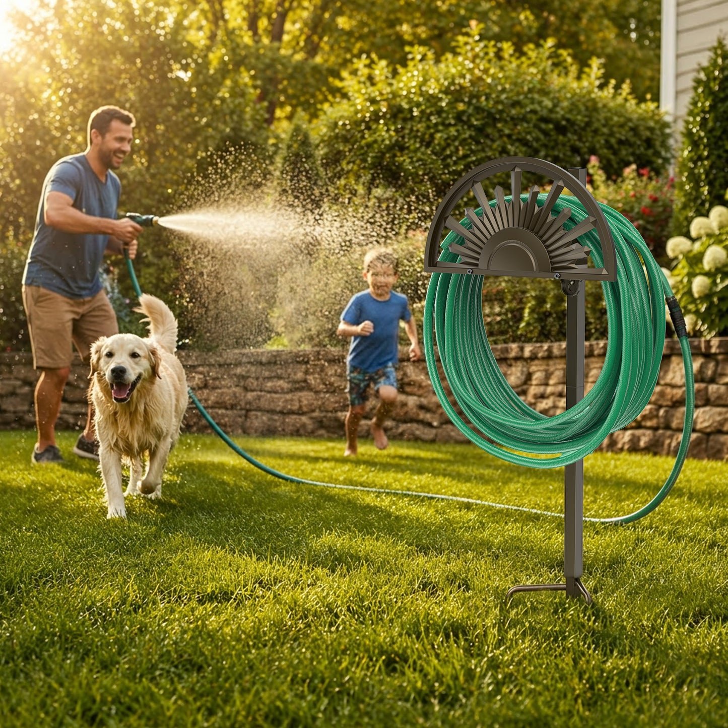 GOFORWILD Garden Hose Holder, Holds 125-Feet of 5/8-Inch Hose, Made of Gauge Steel, Freestanding Detachable Hose Storage Reels Hanger Rack for Outside Yard Lawn Farm, Rustproof