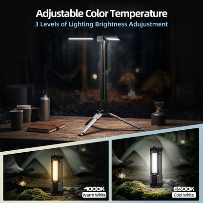 Rechargeable LED Work Light with Stand, 2400mAh Battery, Cool & Warm White 2 Pack 4000/6500K Dimmable Camping Light, Top Hanging Hook, Portable Outdoor Lamp for Camping Fishing Emergency
