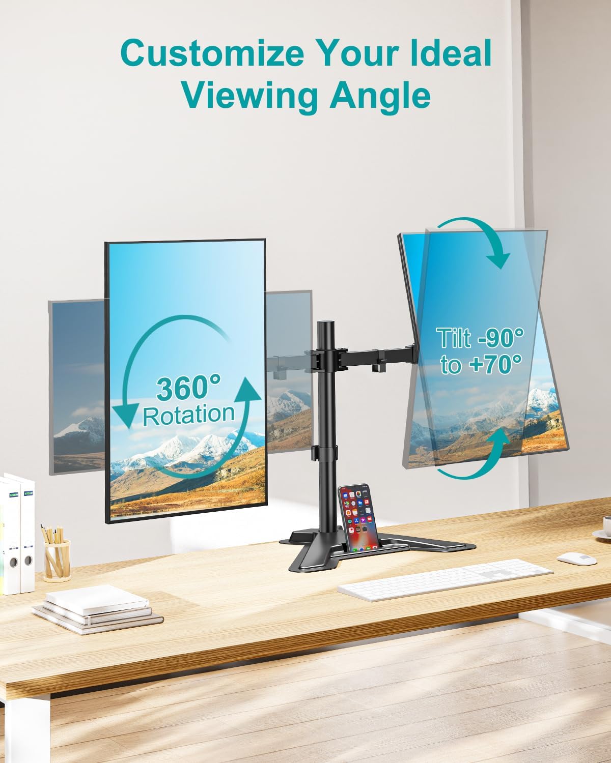 LIFTGO Dual Monitor Stand, Free-Standing Full Motion Monitor Desk Mount Fits 2 Screens up to 27 inches,17.6lbs with Height Adjustable, Swivel, Tilt, Rotation, VESA 75x75 100x100, Black