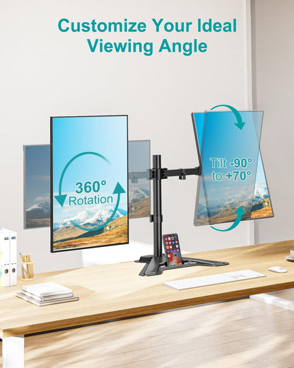 LIFTGO Dual Monitor Stand, Free-Standing Full Motion Monitor Desk Mount Fits 2 Screens up to 27 inches,17.6lbs with Height Adjustable, Swivel, Tilt, Rotation, VESA 75x75 100x100, Black