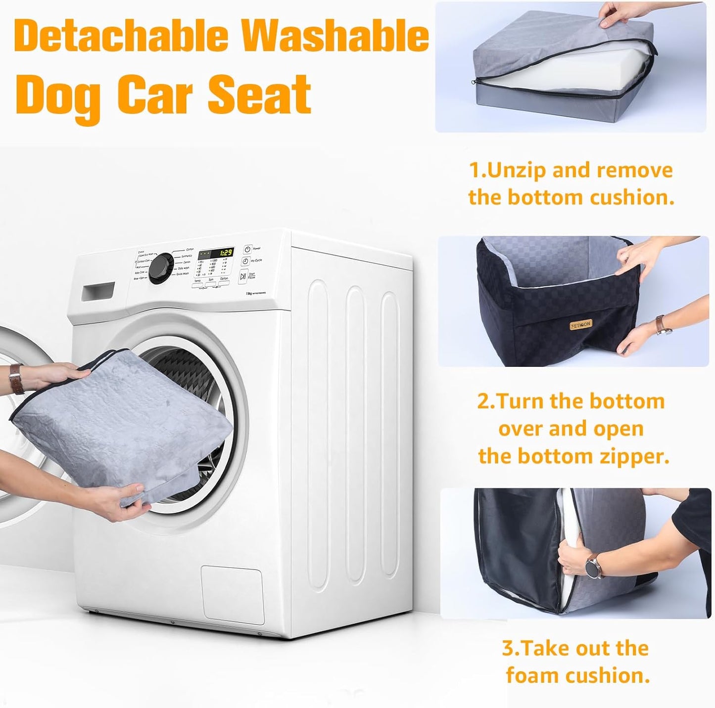 PETICON Waterproof Dog Car Seat for Small Medium Dogs, 5in Memory Foam Pet Booster Seat for Dogs up to 35 lbs with Pockets, Detachable Washable Pet Carseat with Y-Shape Safety Belt (Gray, Medium)