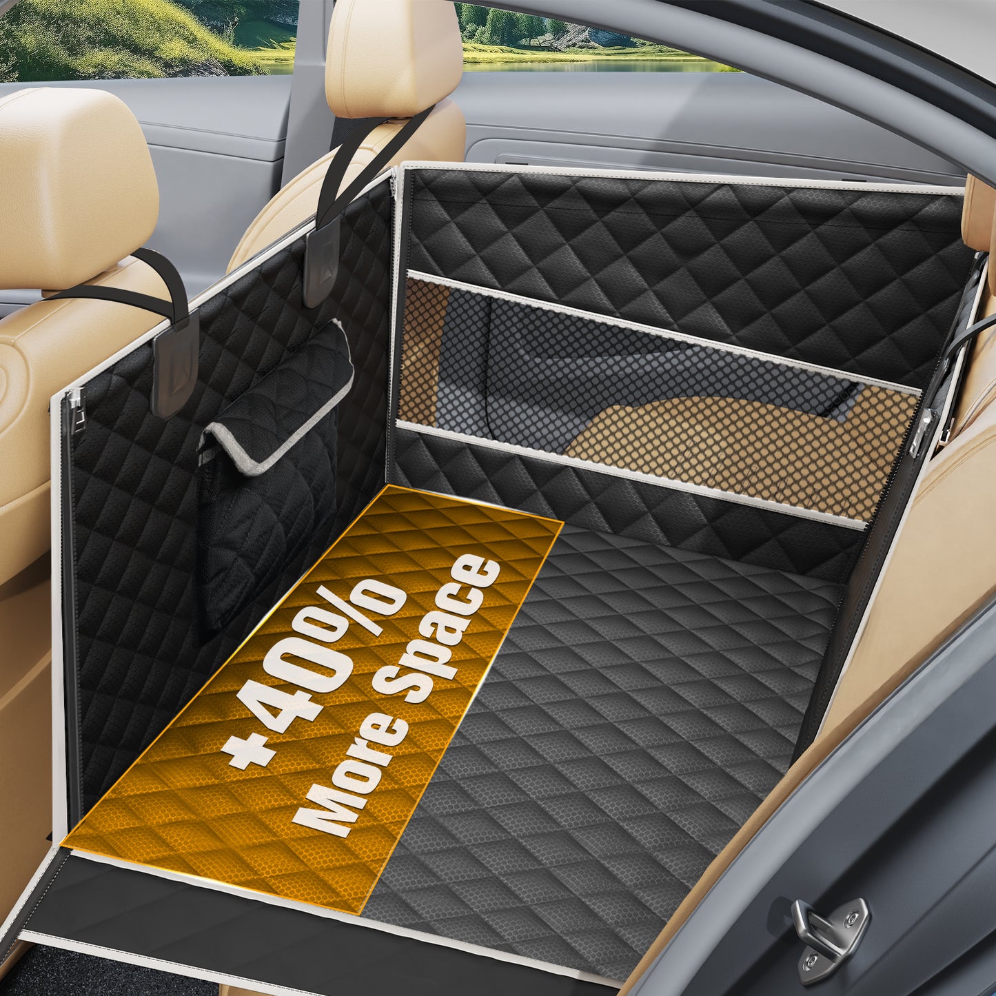 Dog Car Seat for Large/Medium Dogs, One-Piece Hard Bottom Back Seat Extender with 2 Mesh Windows, Waterproof Pet Carseat with Storage Pocket, Dog Hammock for Cars, SUVs and Trucks