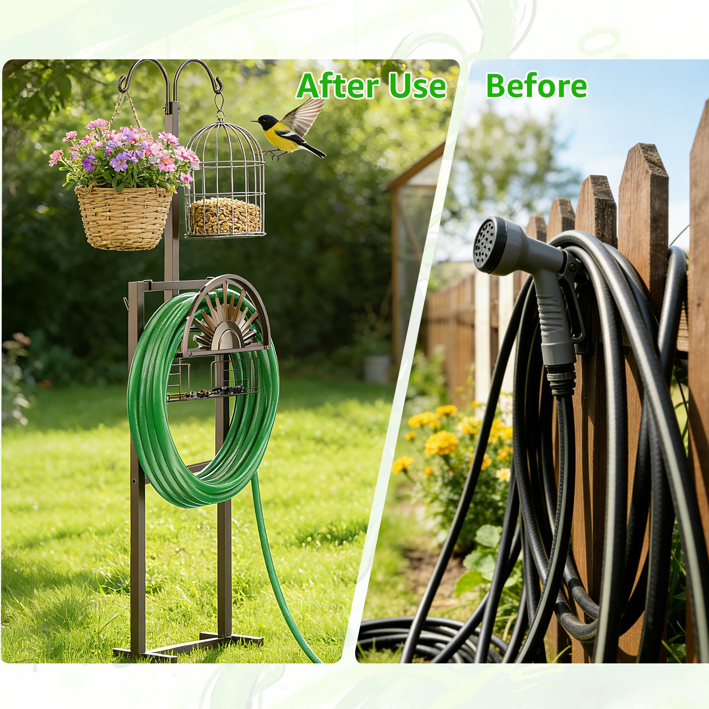 GOFORWILD Heavy Duty Garden Hose Reel with 2 Shepherds Hooks, Holds 150-Feet of 5/8 Inch Hose, 77Inch Freestanding Hose Hanger with Storage Basket