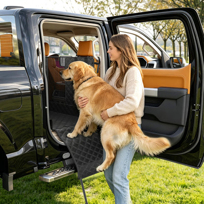 PETICON F150 Floor Cover for Crew Cab Trucks with Fold-Up & Split Seats | Waterproof & Scratch-Resistant 600D Oxford, Non-slip Base, Side Door Flaps, Split Zipper, Protects Interior, Machine Washable