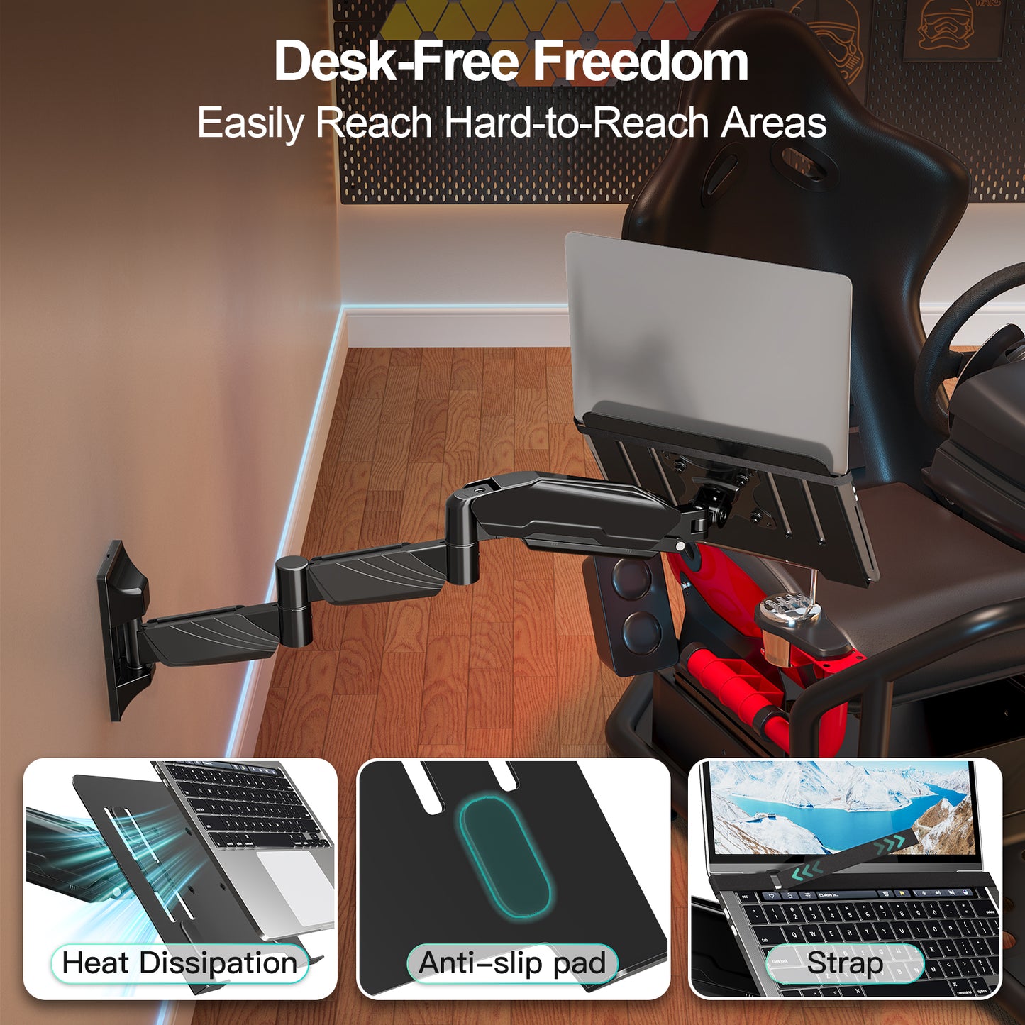 MOUNT PRO Long Laptop Wall Mount, 28" Extended Wall Mount Laptop Holder, 2-in-1 Monitor Wall Mount with Vented Tray for 11-17" Notebook/21-32" Screen, Full Motion Laptop Arm Holds 4.4-19.8 lbs