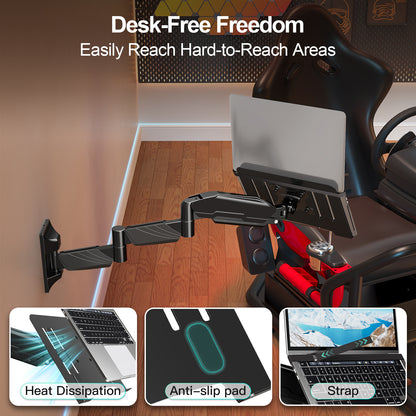 MOUNT PRO Long Laptop Wall Mount, 28" Extended Wall Mount Laptop Holder, 2-in-1 Monitor Wall Mount with Vented Tray for 11-17" Notebook/21-32" Screen, Full Motion Laptop Arm Holds 4.4-19.8 lbs