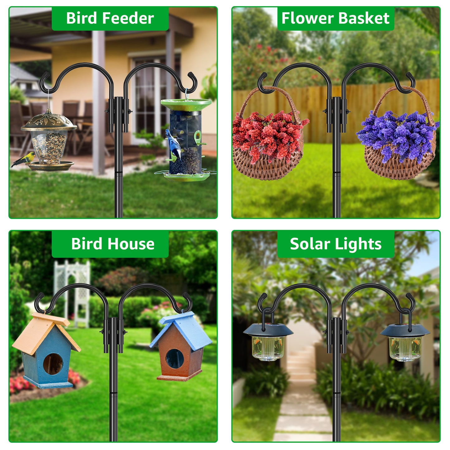 GOFORWILD Double Shepherds Hook for Outdoor, with 5-Prong Base, 76inch Adjustable Metal Bird Feeder Pole for Hanging Bird Nest, Plant Basket,Lantern,Solar Light 1 Pack