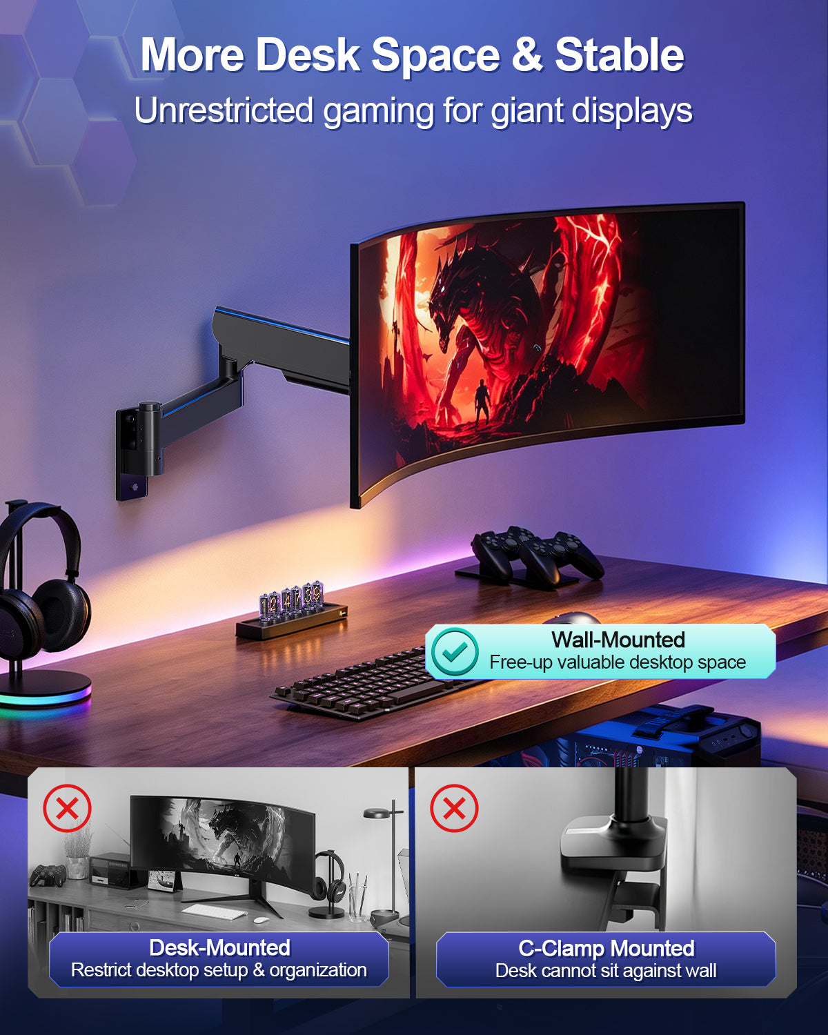 MOUNT PRO Wall Mount Monitor Arm for 22-57 Inch Ultrawide Screen, Black, Premium Heavy Duty Gaming Monitor Arm for Max 66 lbs, Easy Adjustment Fully Adjustable Wall Bracket 75x75/100x100 VESA Mount