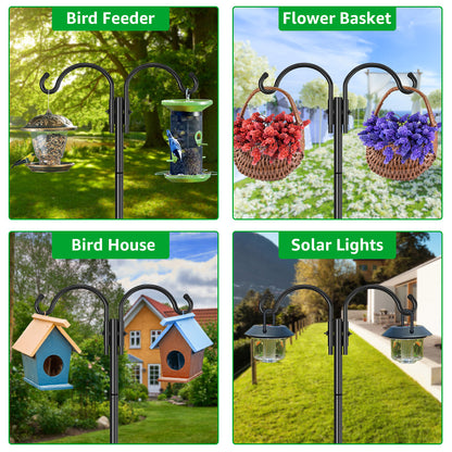 GOFORWILD Double Shepherds Hook for Outdoor, with 5-Prong Base, 84inch Adjustable Metal Bird Feeder Pole for Hanging Bird Nest, Plant Basket,Lantern,Solar Light 1 Pack