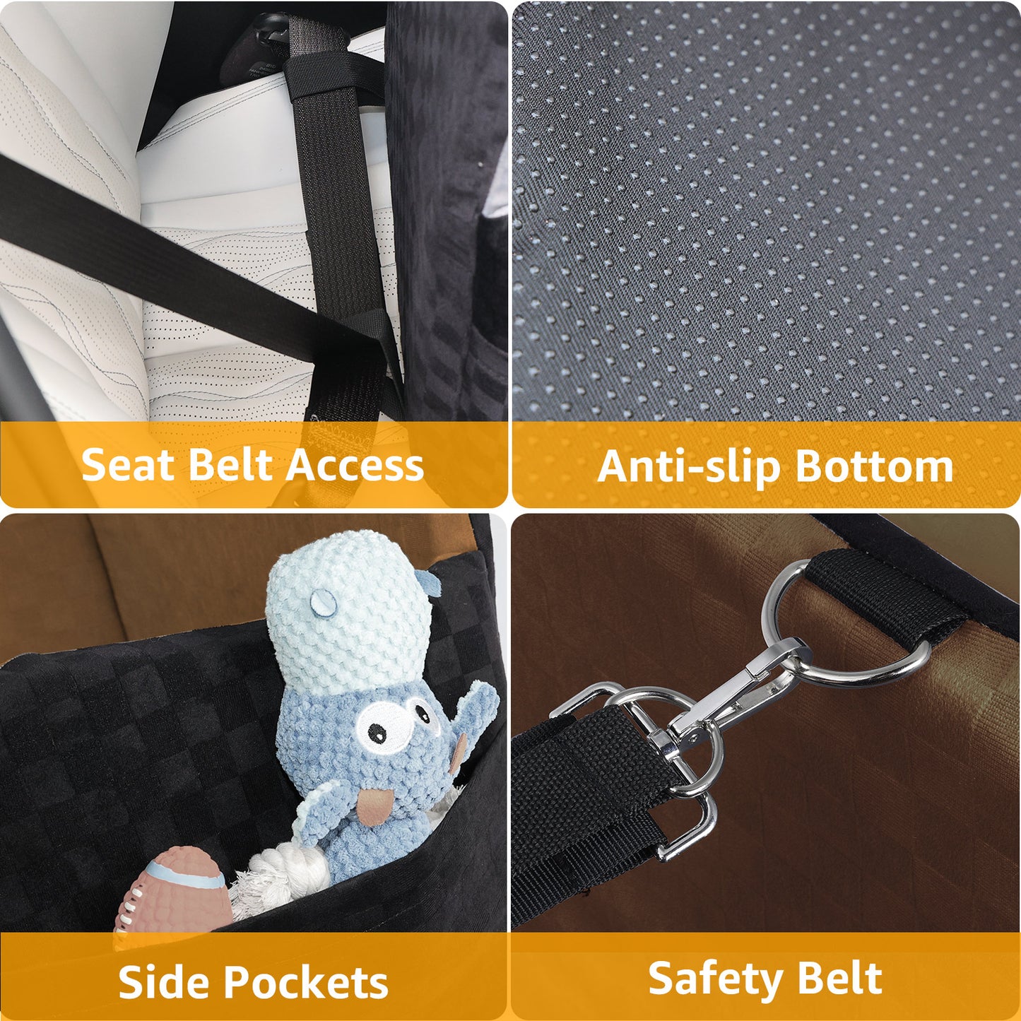 PETICON Waterproof Dog Car Seat for Small Medium Dogs, 5in Memory Foam Pet Booster Seat for Dogs up to 35 lbs with Pockets, Detachable Washable Pet Carseat with Y-Shape Safety Belt