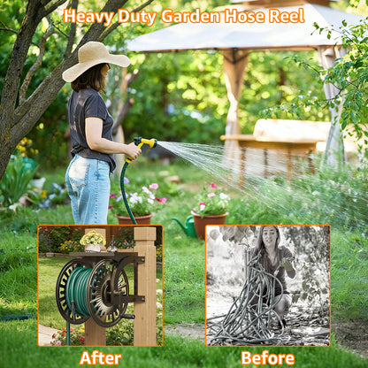 GOFORWILD Metal Decorative Wall Mount Hose Reel - Heavy Duty, Leak-Proof Connection, Holds 200ft x 5/8 Hose, Bronze Finish, Easy Assembly