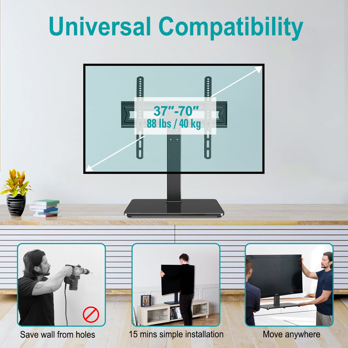LIFTGO Universal TV Stand, Swivel Table Top TV Stand for 37 to 75 Inch LCD LED TVs, Height Adjustable TV Mount Stand with Tempered Glass Base, Holds up to 88lbs, Max VESA 600x400mm